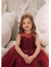 Maroon Lace Applique Tulle Keyhole Corset Back Flower Girl Dress